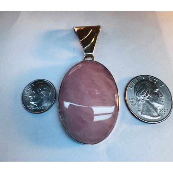 Estate Rose Quartz Pendant 925 Sterling Silver Oval Cabochon Necklace Vintage NR - Picture 5 of 9